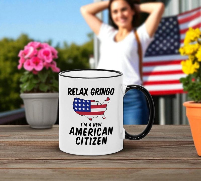 Casitika US Citizenship Gifts. Relax Gringo I'm a New American Citizen Immigrant Mug. Gift idea for Mexicans Latinos or Immigrants Becoming USA Citizens. (11 oz Black Handle/Rim) - Image 5